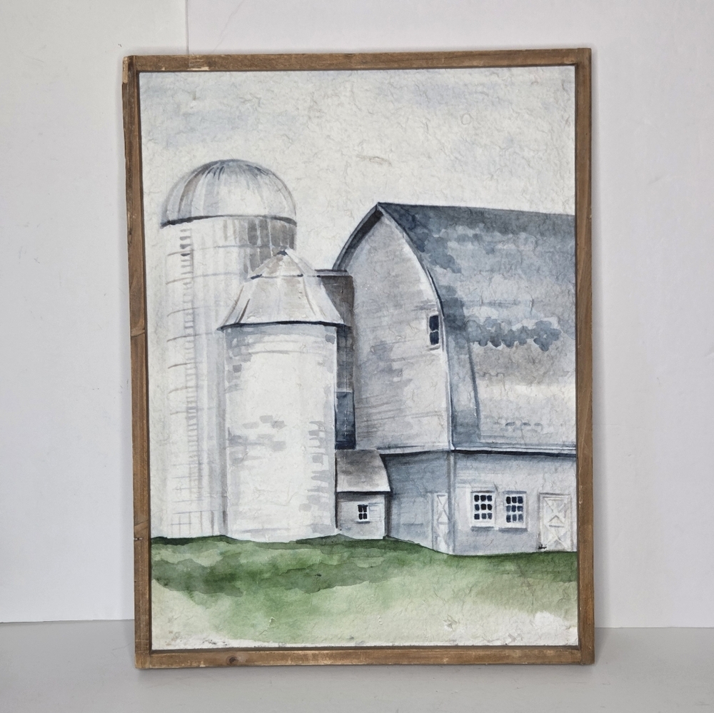 Rustic Farmhouse Barn Watercolor Wall Art Framed Country Silo Painting